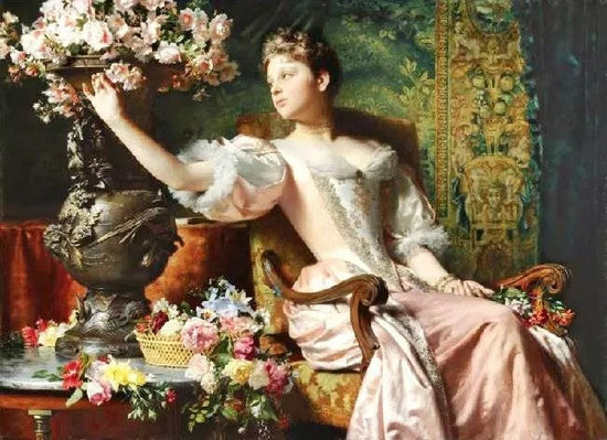 LADY IN A PINK DRESS WITH FLOWERS
