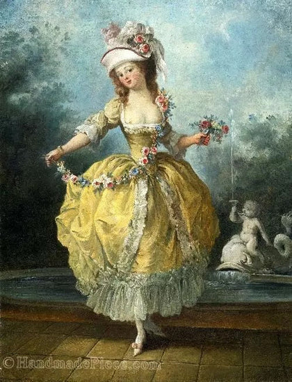 A YOUNG LADY IN A GARDEN, HOLDING A GARLAND OF FLOWERS