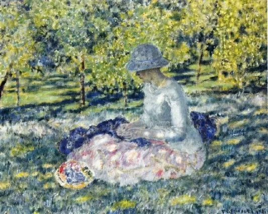 WOMAN SEATED IN A PARK WITH BASKET