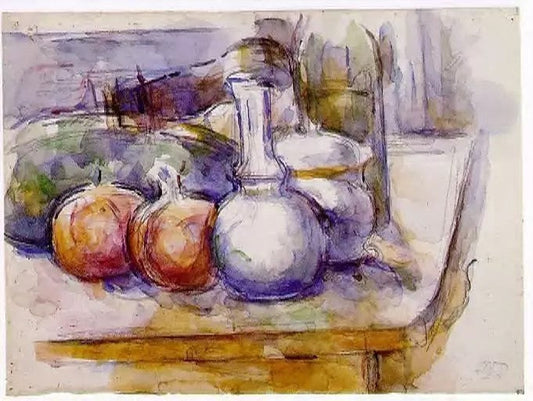 STILL LIFE WITH CARAFE, SUGAR BOWL, BOTTLE, POMMEGRANATES AND WATERMELON