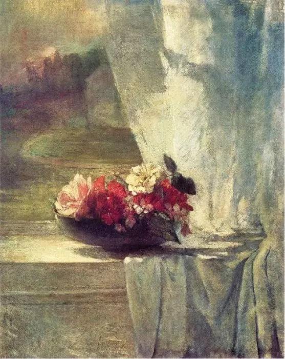 FLOWERS IN A PERSIAN PORCELAIN WATER BOWL (FLOWERS ON A WINDOWSILL)
