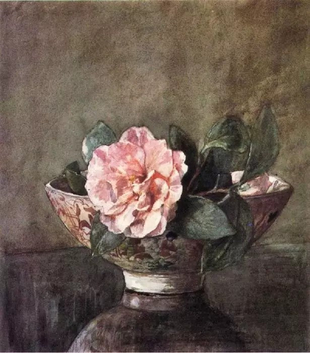 CAMELLIA IN OLD CHINESE VASE ON BLACK LACQUER TABLE