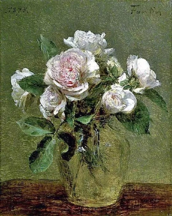 WHITE ROSES IN A GLASS VASE