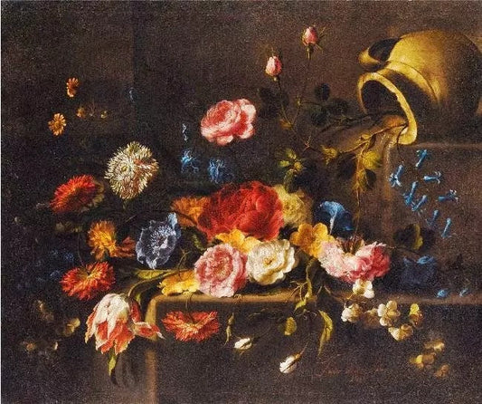 LILIES, ROSES PEONIES, PINKS, IRIS, A TULIP AND OTHER FLOWERS ON A STONE LEDGE