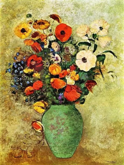 BOUQUET OF FLOWERS IN A GREEN VASE