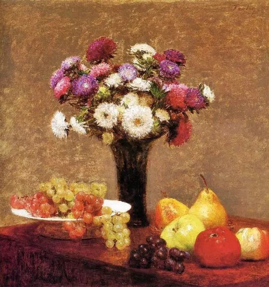 ASTERS AND FRUIT ON A TABLE