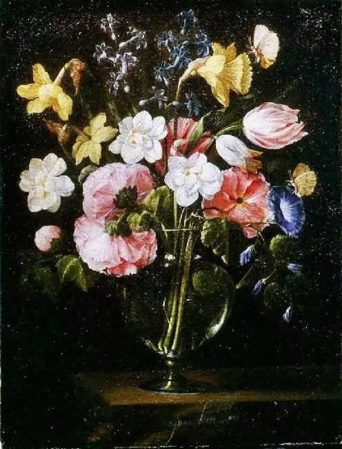 ROSES, CLEMATIS, A TULIP AND OTHER FLOWERS IN A GLASS VASE ON A WOODEN LEDGE WITH A BUTTERFLY