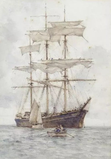A FULL-RIGGED THREE-MASTER MAKING READY TO SAIL