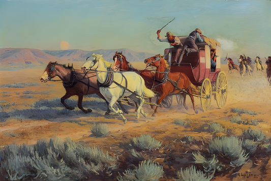 STAGECOACH PURSUED BY MOUNTED INDIANS