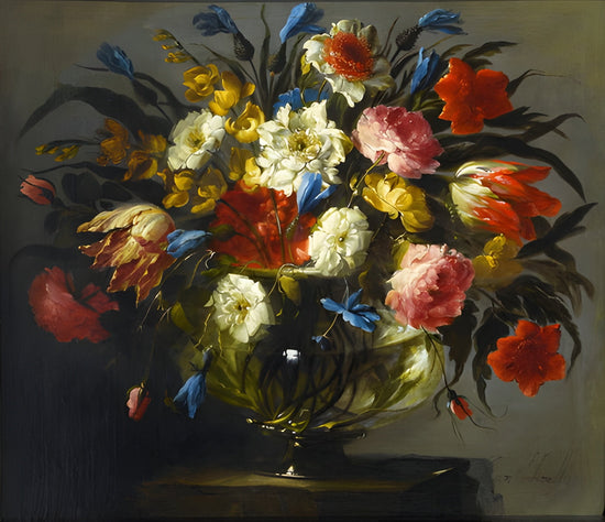 STILL LIFE WITH ROSES, TIGER TULIPS, WHITE AND BLUE AQUILEGIA, PEONIES AND DELPHINIUM, ETC.